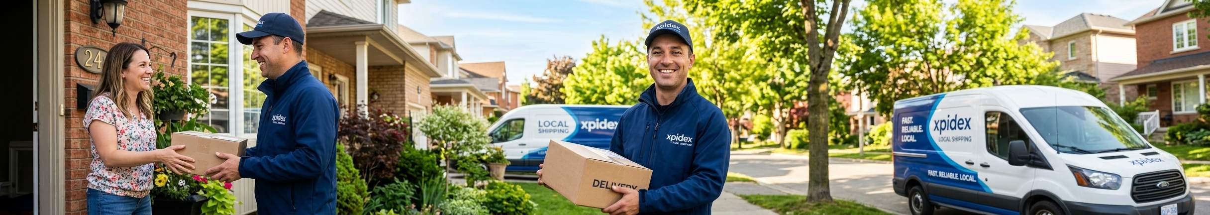 An Xpidex courier handing a parcel to a customer at her door, with branded vans on the street